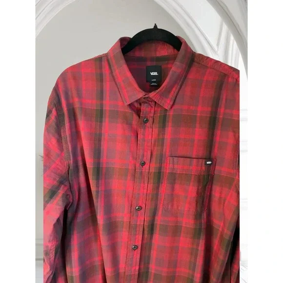 Vans Mens Flannel Shirt Button Up Plaid Long Sleeve Casual Top Red Large - Picture 7 of 10